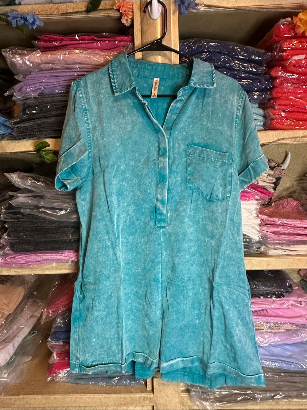 Zenana Outfitters Washed Teal Short-Sleeve Polo romper